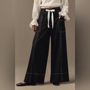 Anthropologie Maeve Tie Waist Wide Leg Contrast Stitch Pants